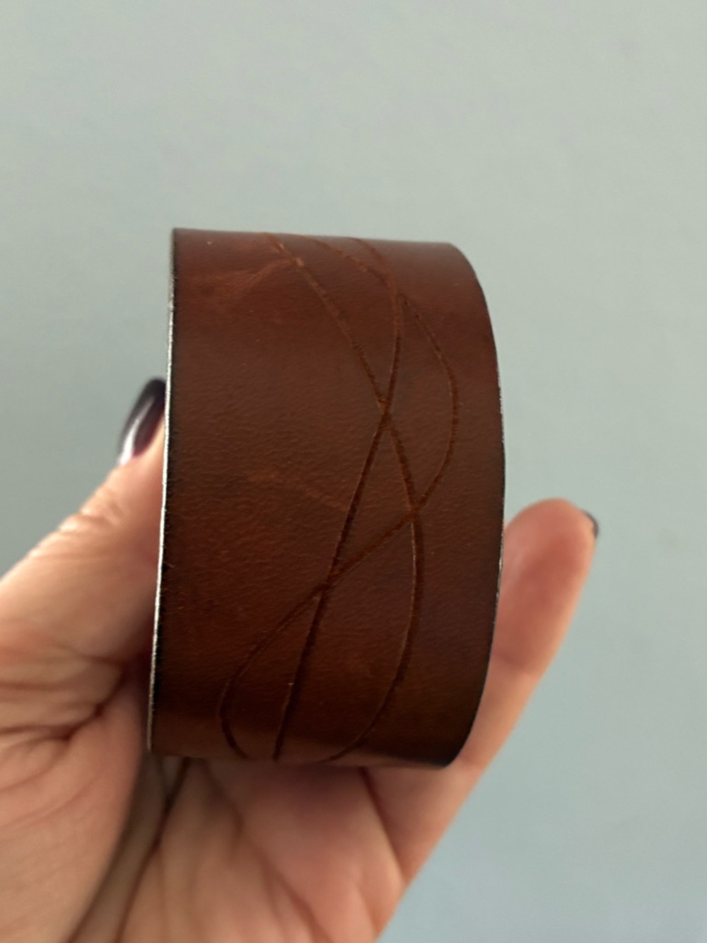 Brown Leather Cuff Bracelet with Subtle Stitched Wave Detail